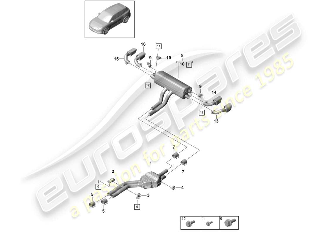 porsche 2022 (cayenne e3 9ya/9yb) sistema de escape silenciador delantero silenciador trasero diagrama de piezas del tubo de escape