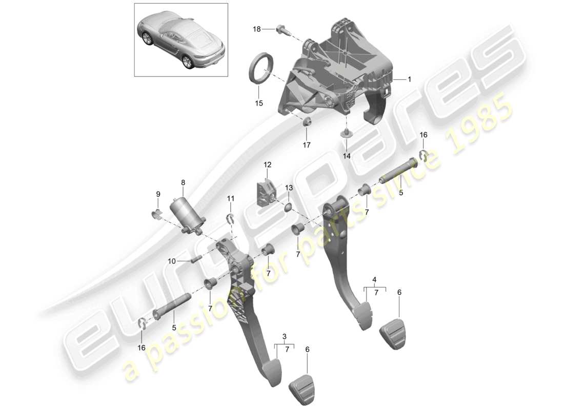 porsche 2024 (718 cayman) diagrama de piezas del conjunto de pedales de freno y embrague