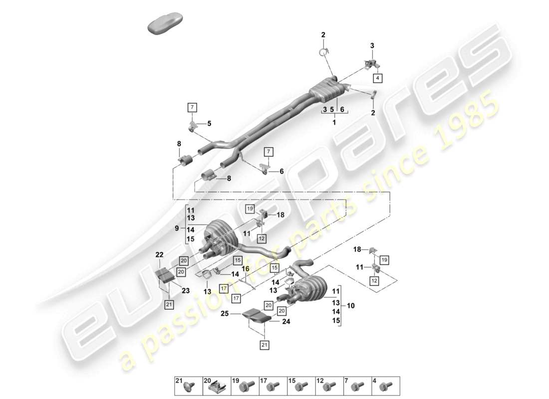 porsche 2023 (panamera 971-2) sistema de escape silenciador delantero silenciador trasero diagrama de piezas del tubo de escape