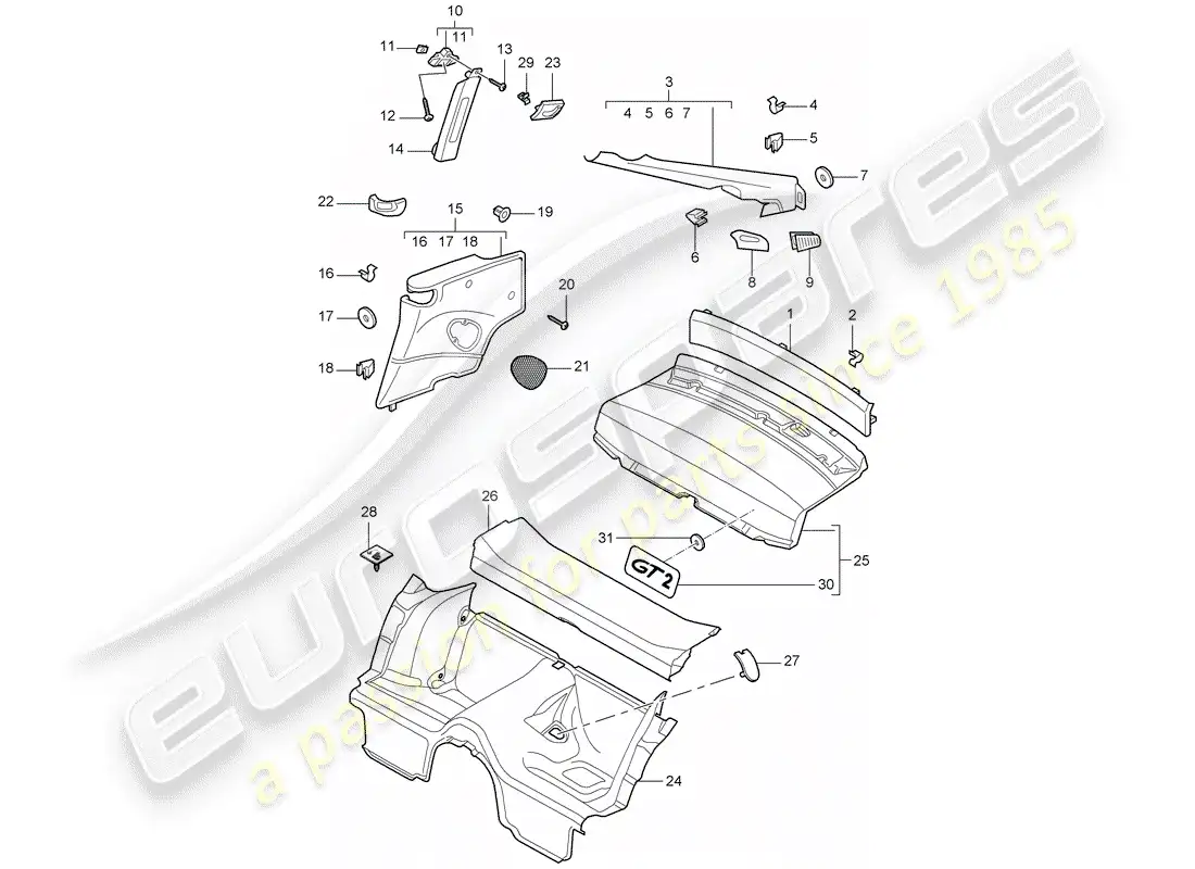 porsche 2008 (997-1 turbo / gt2) diagrama de piezas de trims