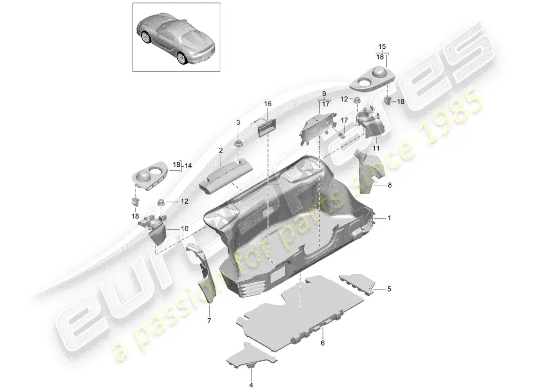 porsche 2016 (981 boxster spyder) compartimiento de equipaje diagrama de piezas