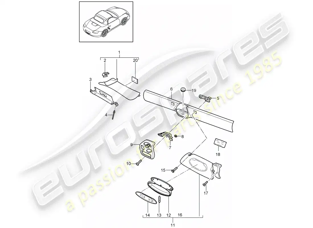 porsche 2008 (987 boxster) marco del parabrisas diagrama de piezas