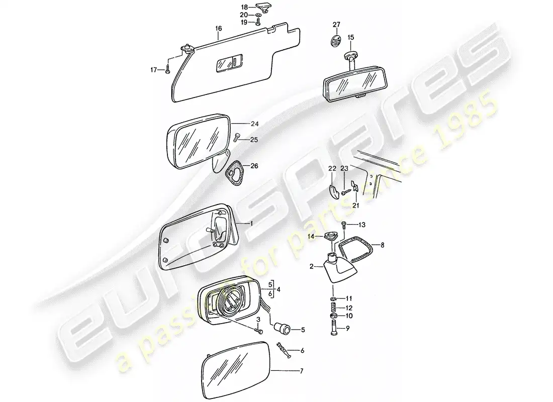porsche 1991 (944) visera solar - espejo retrovisor - espejo retrovisor interior diagrama de piezas
