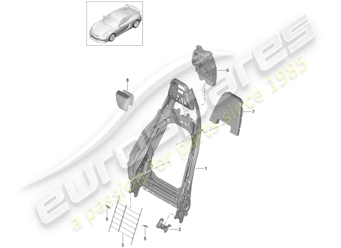 porsche 2016 (981 cayman gt4) diagrama de piezas del marco del respaldo
