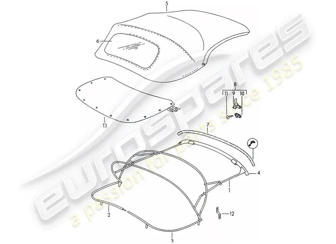 porsche 1950 (356/356a) capota convertible - cobertura superior convertible diagrama de piezas