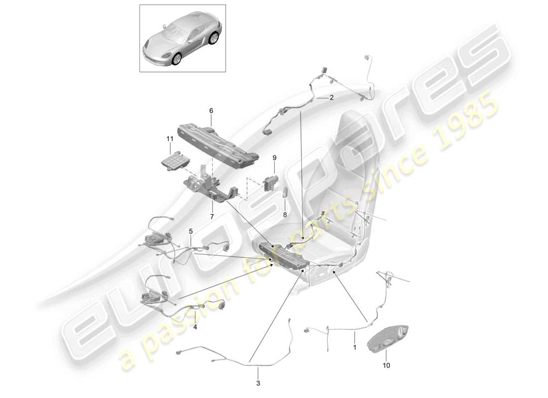 porsche 2025 (718 cayman) diagrama de piezas del asiento deportivo del motor eléctrico de la unidad de control del interruptor de cableado