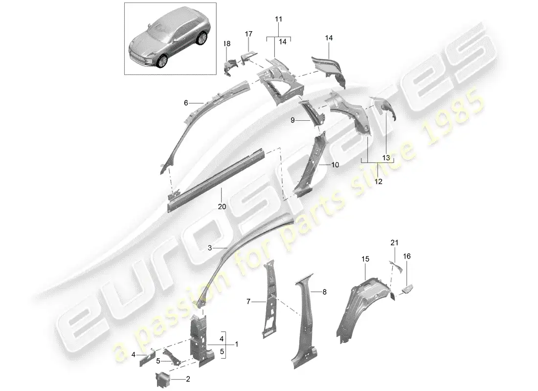 porsche 2019 (macan) panel lateral diagrama de piezas