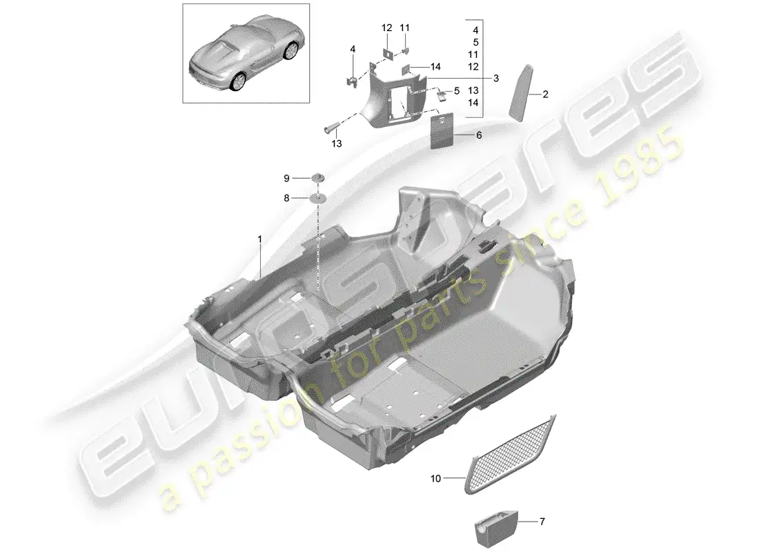 porsche 2016 (981 boxster spyder) cubierta de piso diagrama de piezas