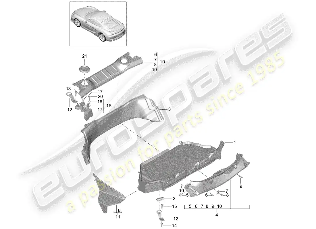 porsche 2016 (981 cayman gt4) diagrama de piezas del compartimiento de equipaje