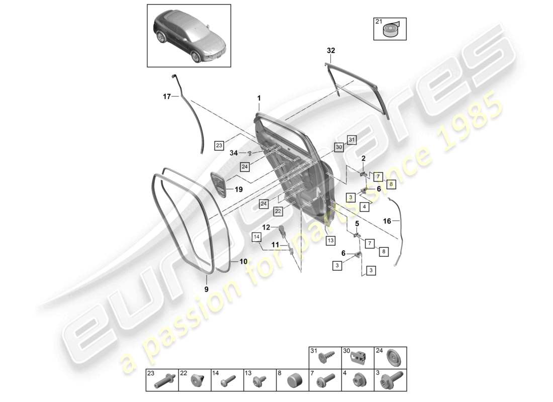 porsche 2021 (cayenne e3 9ya/9yb) diagrama de piezas del sello de la puerta trasera del coupé