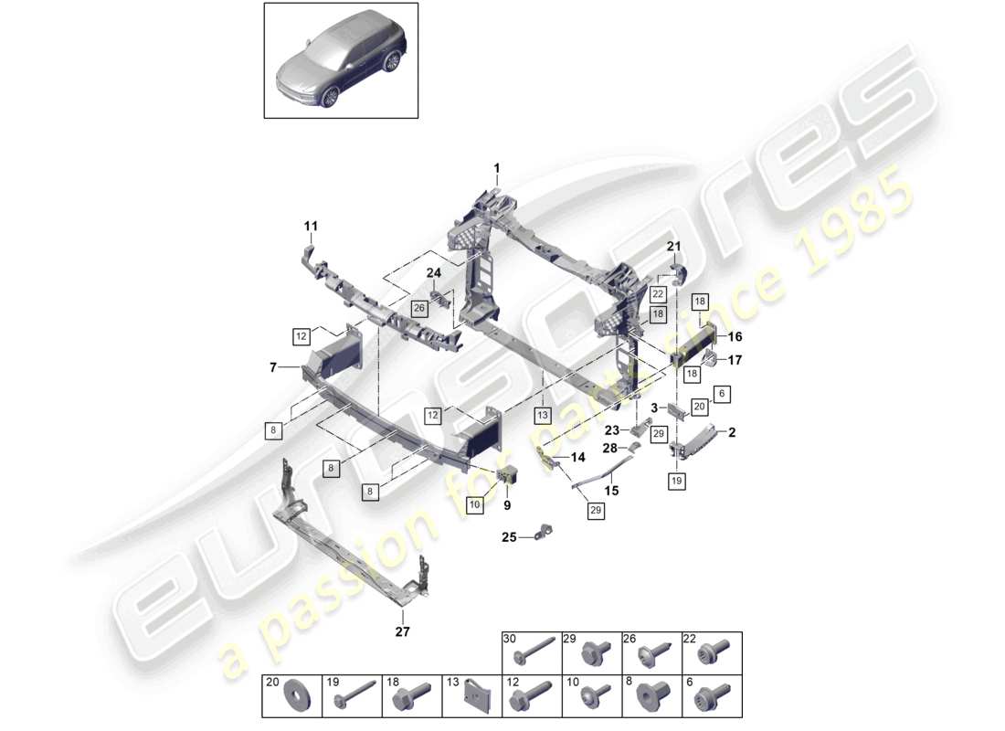 porsche 2021 (cayenne e3 9ya/9yb) diagrama de piezas del parachoques delantero y soporte de montaje