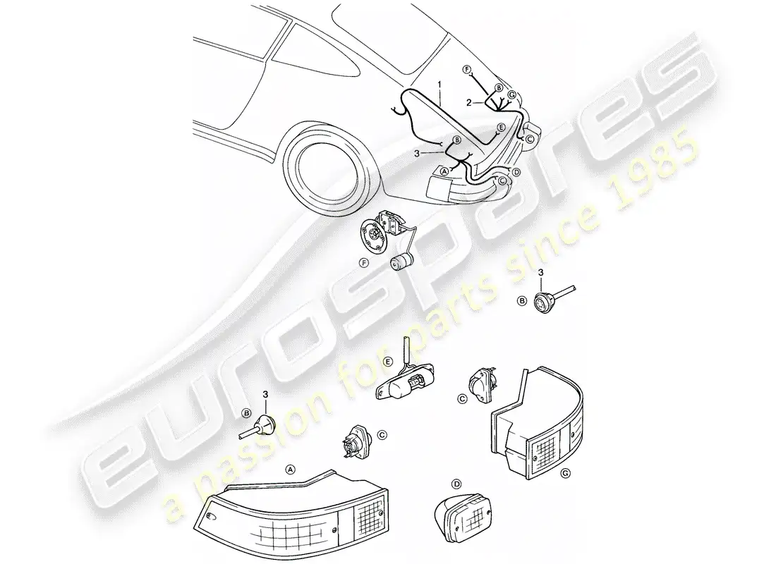 porsche 1986 (911) mazo de cables - luz del compartimiento del motor - luz trasera diagrama de piezas