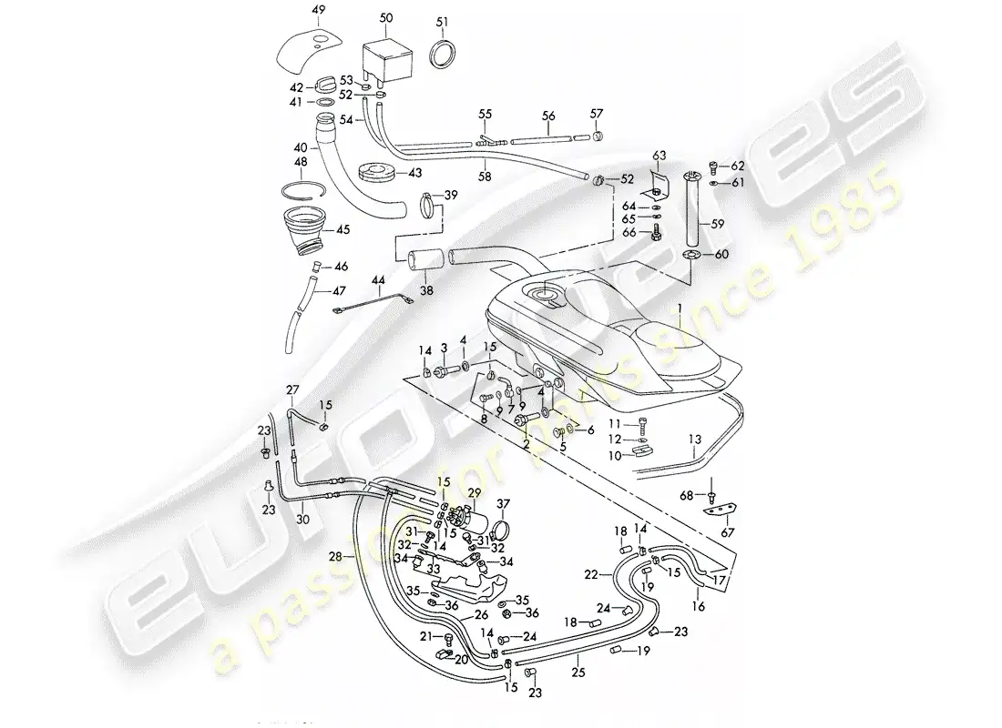 porsche 1972 (911) sistema de combustible - líneas - con: - diagrama de piezas de la bomba de combustible