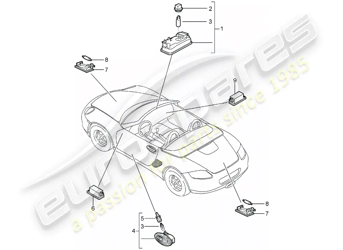 porsche 2005 (987 boxster) luces interiores diagrama de piezas