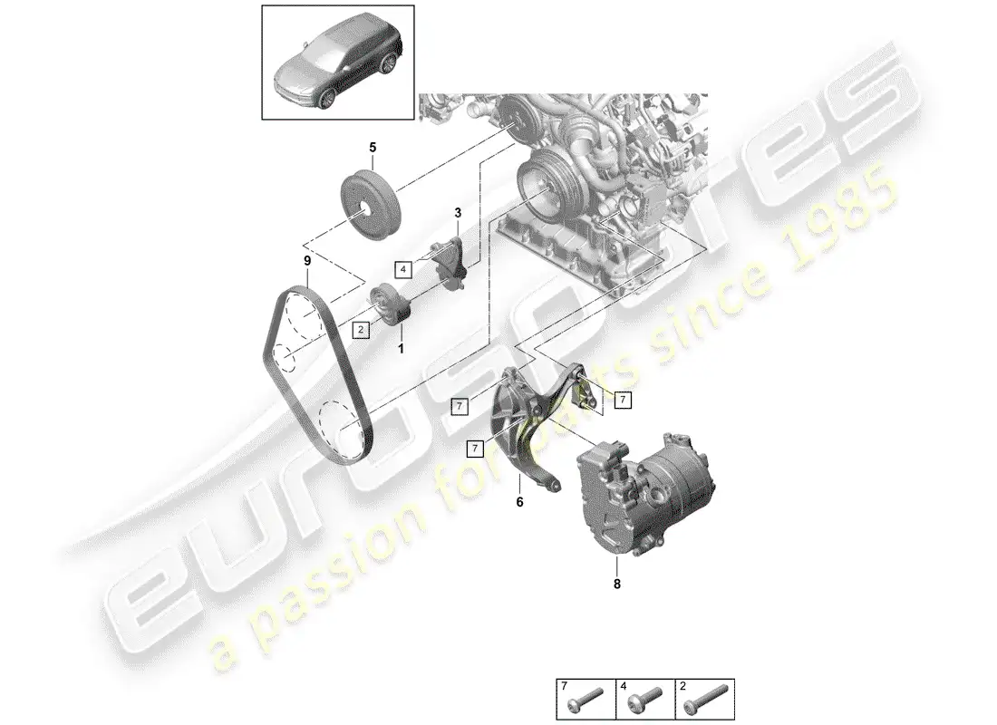 porsche 2019 (cayenne e3 9ya/9yb) cinturón acanalado en v diagrama de piezas