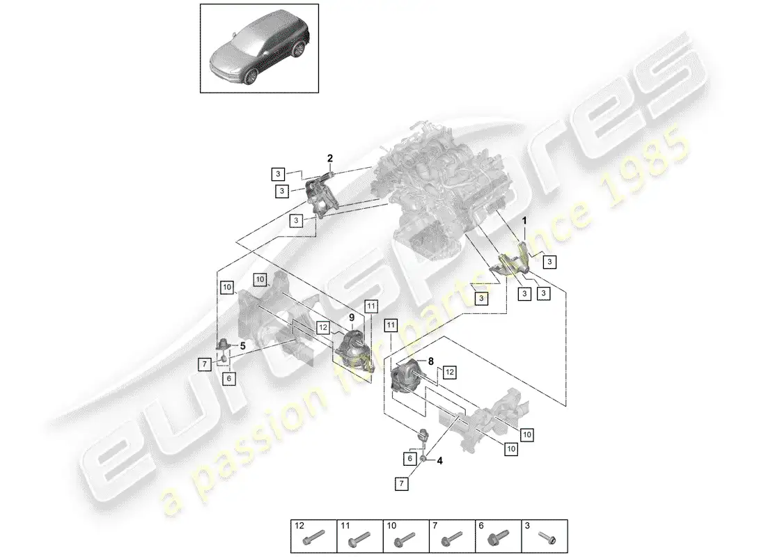 porsche 2018 (cayenne e3 9ya/9yb) dispositivo de elevación del motor diagrama de piezas