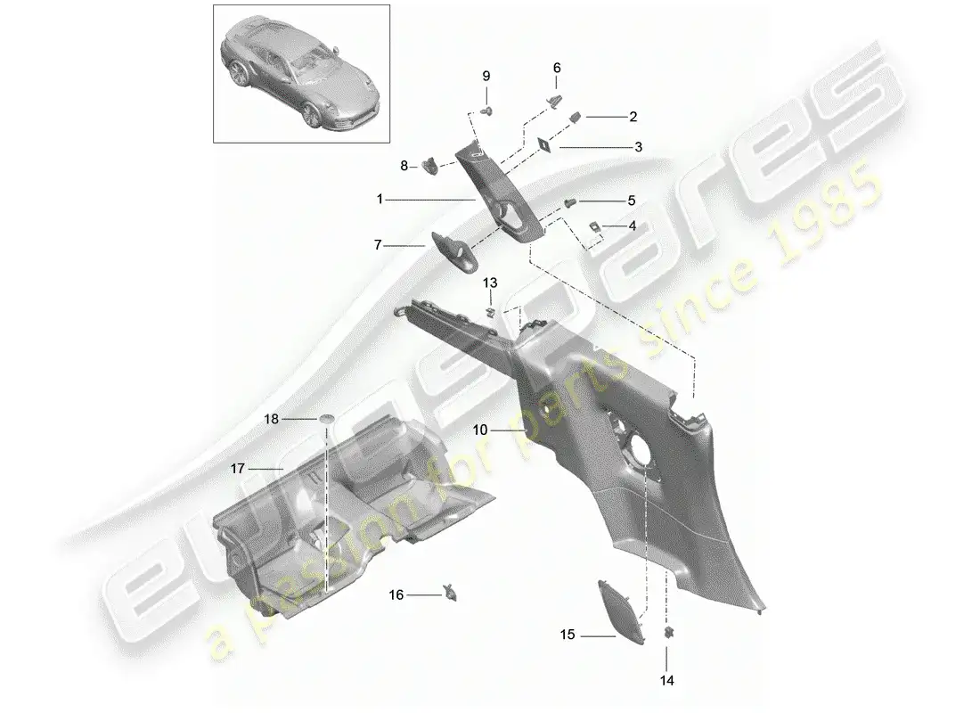 porsche 2019 (991-2 turbo) panel de adorno de cuarto diagrama de piezas