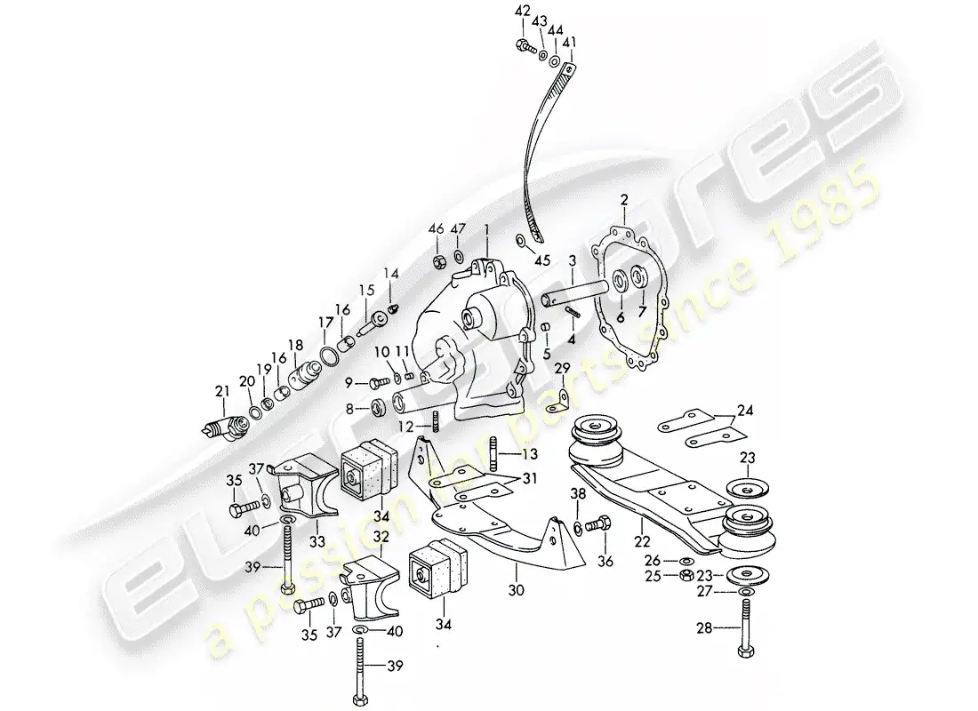 porsche 1965 (911/912) cubierta de transmisión - suspensión de transmisión - fundición enfriada - y - fundición a presión diagrama de piezas
