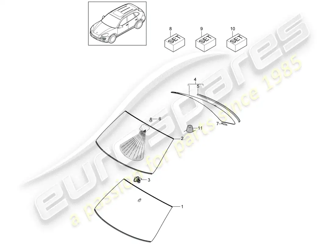 porsche 2013 (cayenne e2 92a) diagrama de piezas de vidrios para ventanas