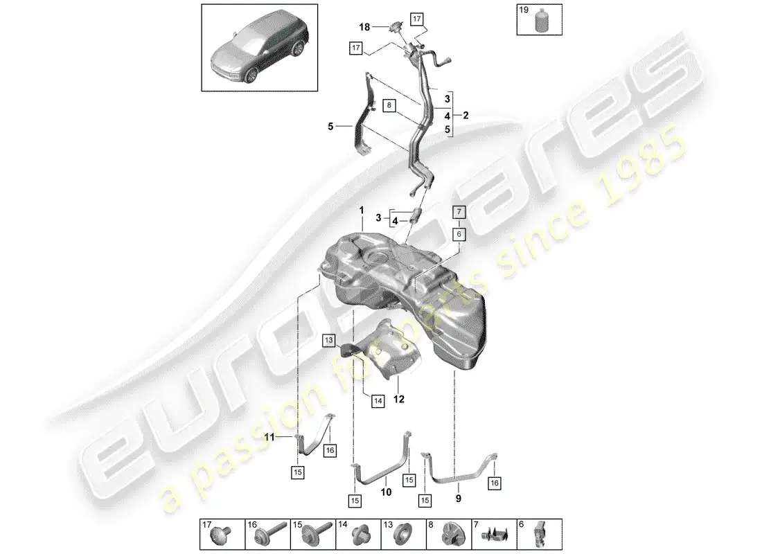 porsche 2018 (cayenne e3 9ya/9yb) fuel tank with diagrama de piezas