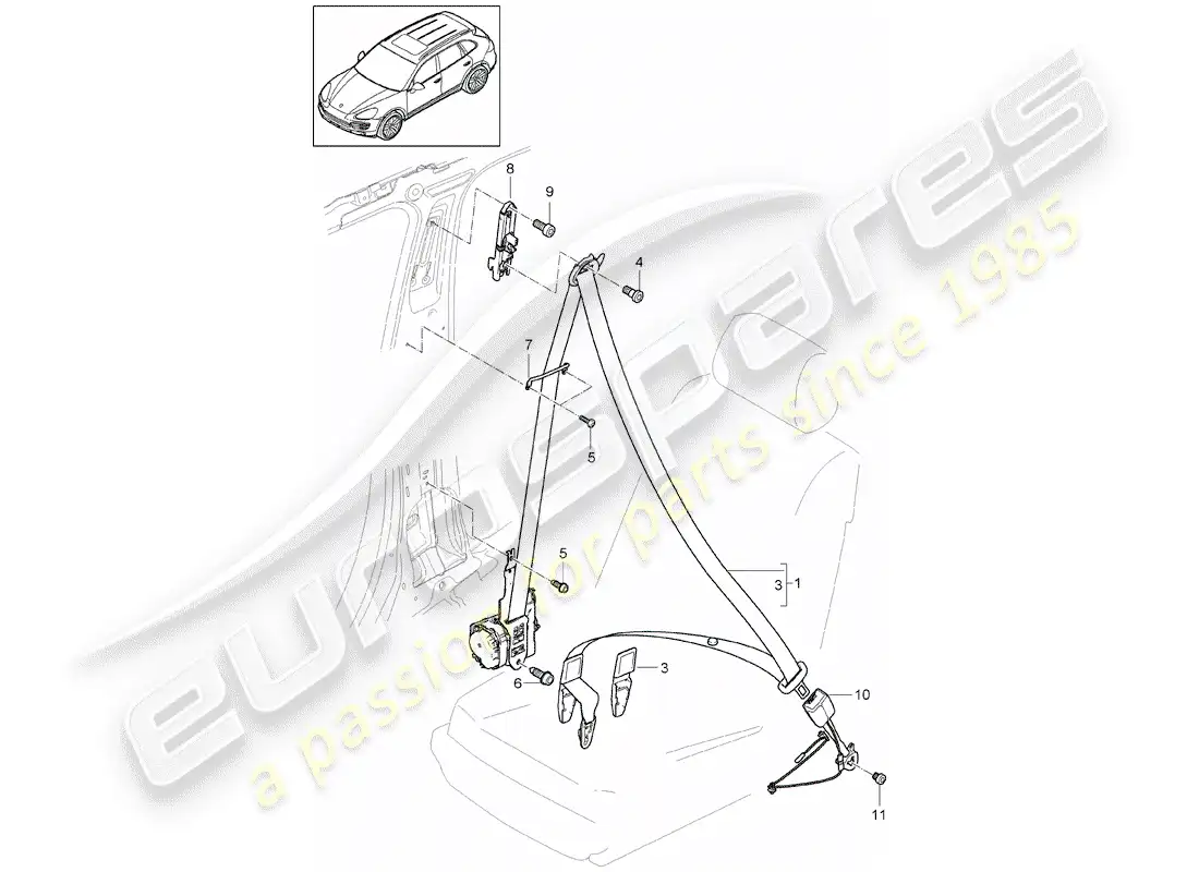 porsche 2016 (cayenne e2 92a) cinturón de seguridad de tres puntos diagrama de piezas