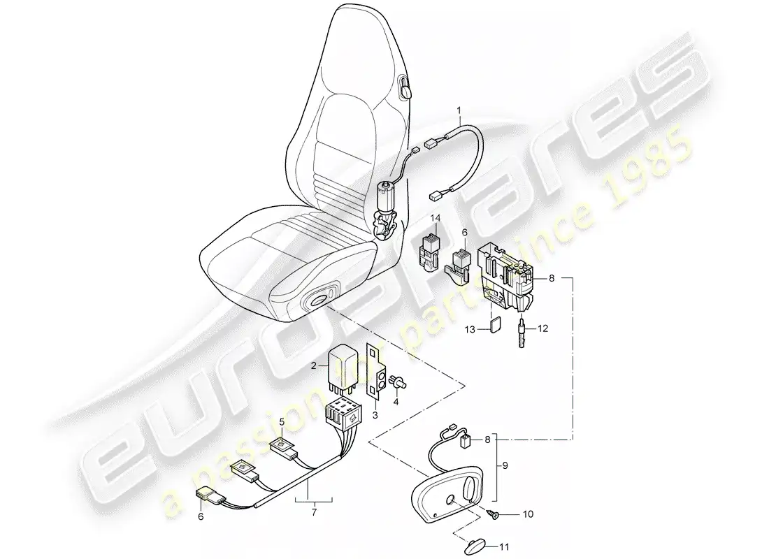 porsche 2004 (996 turbo / gt2) arneses de cableado - interruptor - asiento estándar - asiento deportivo diagrama de piezas