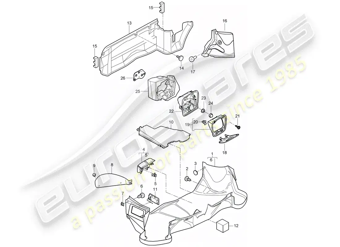 porsche 2007 (987 boxster) compartimiento de equipaje diagrama de piezas