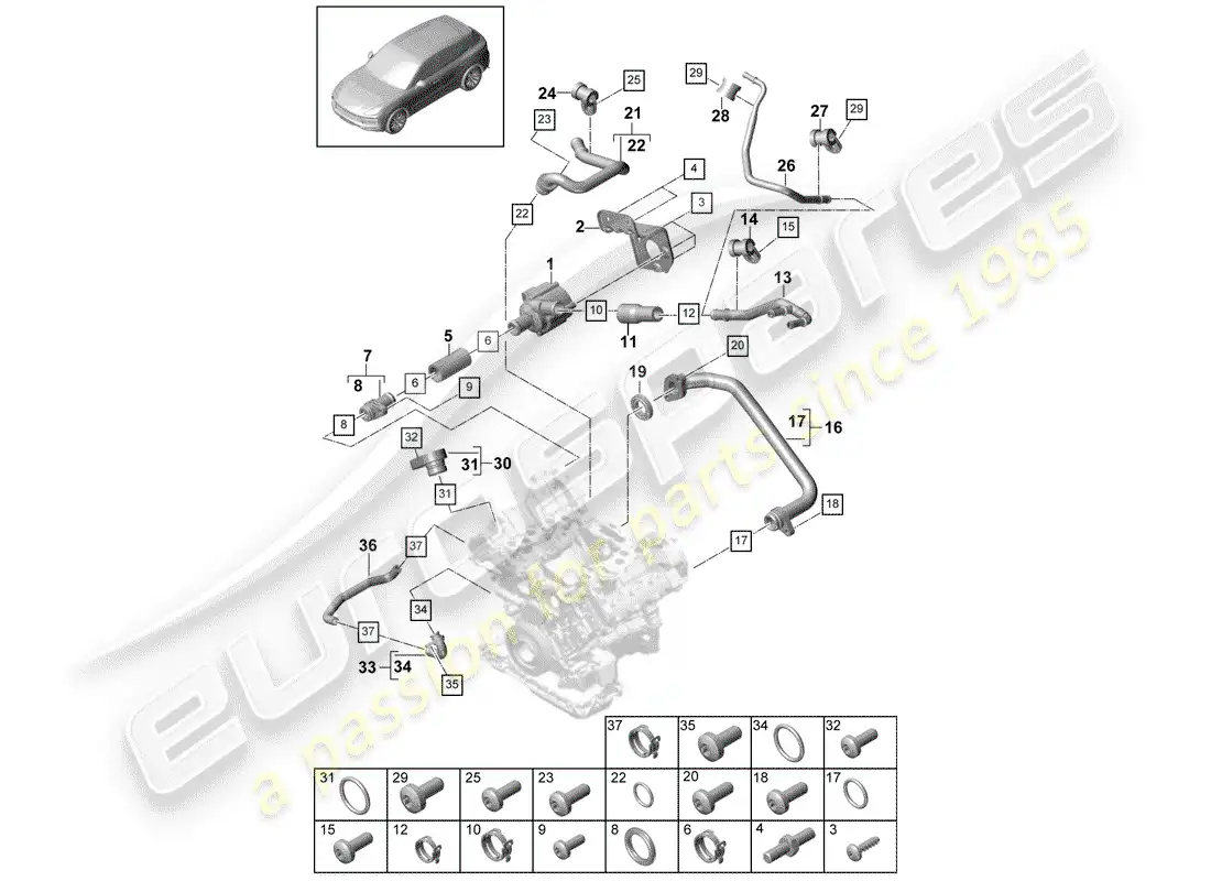 porsche 2018 (cayenne e3 9ya/9yb) water cooling diagrama de piezas
