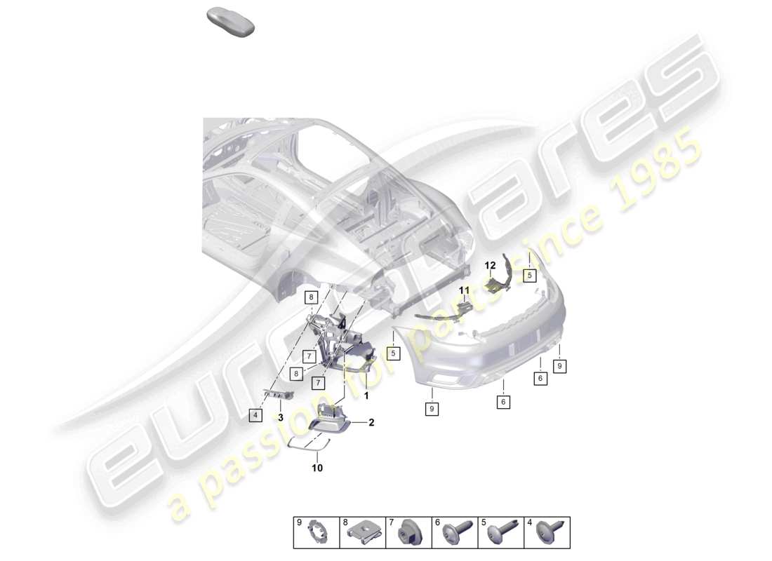 porsche 2023 (992-1) diagrama de piezas de sujeción del parachoques trasero