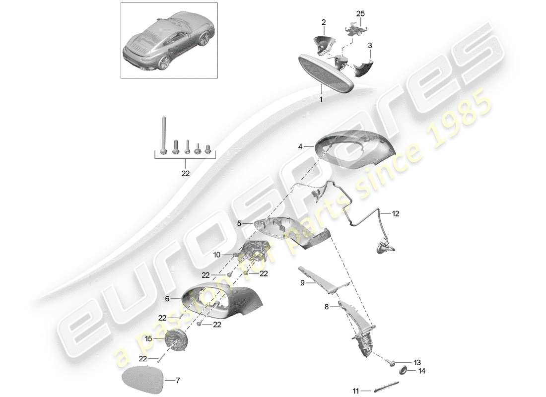 porsche 991 turbo (2018) diagrama de pieza interior del espejo retrovisor