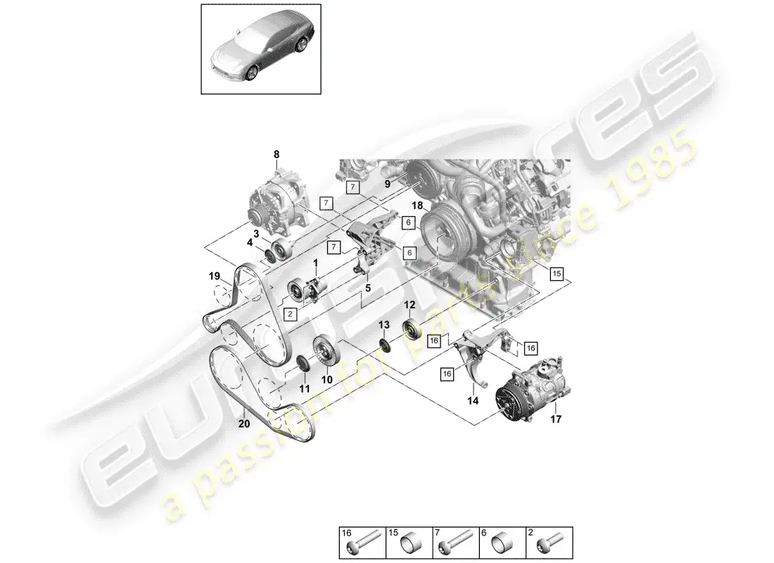 porsche 2017 (panamera 971-1) cinturón acanalado en v diagrama de piezas