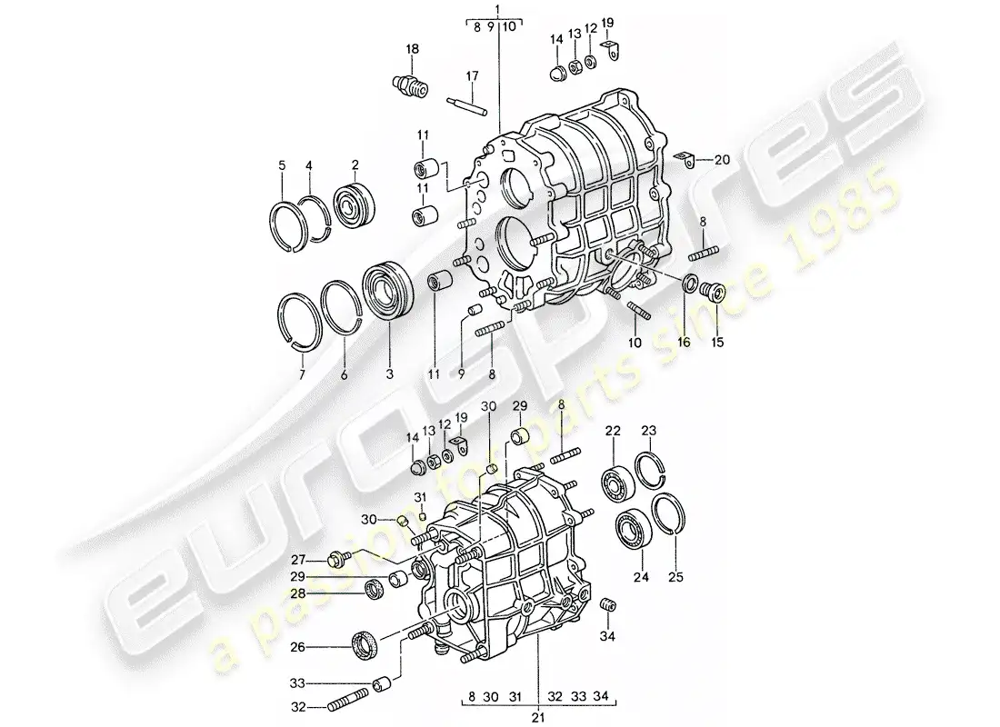 porsche 1988 (959) carcasa de engranajes - tapa de la transmisión diagrama de piezas