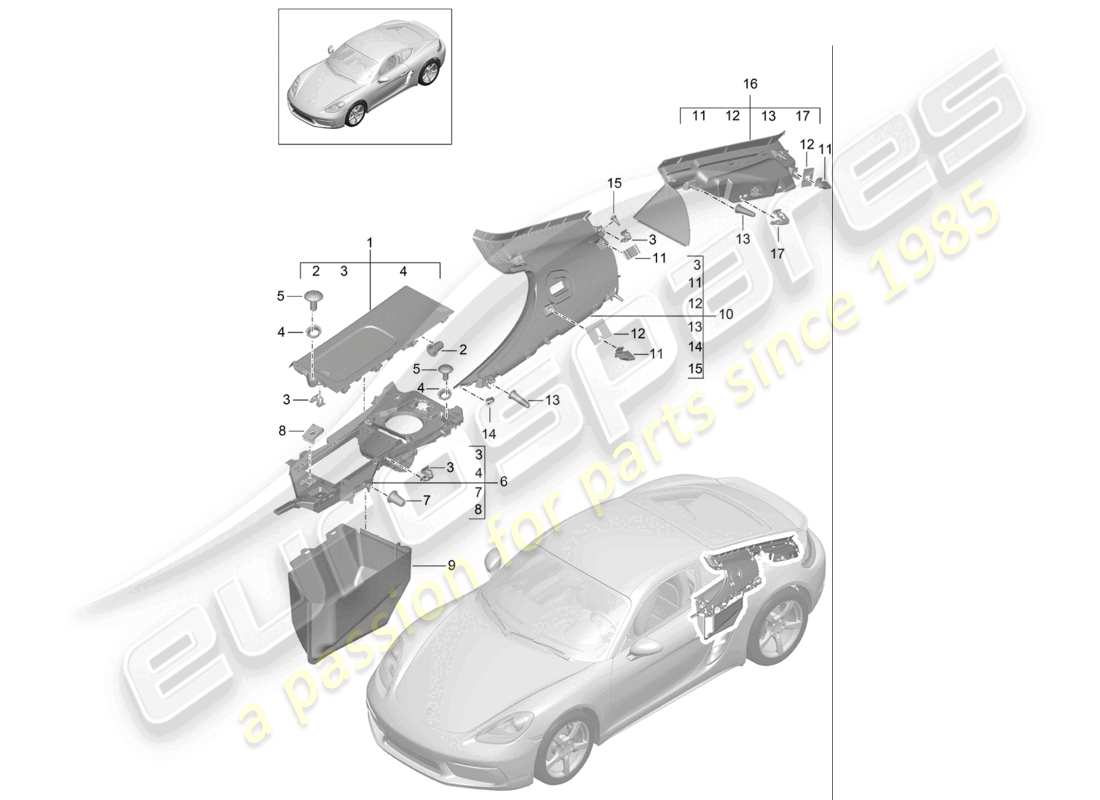 porsche 2023 (718 cayman) molduras laterales traseras compartimento del motor y diagrama de piezas del compartimento del motor