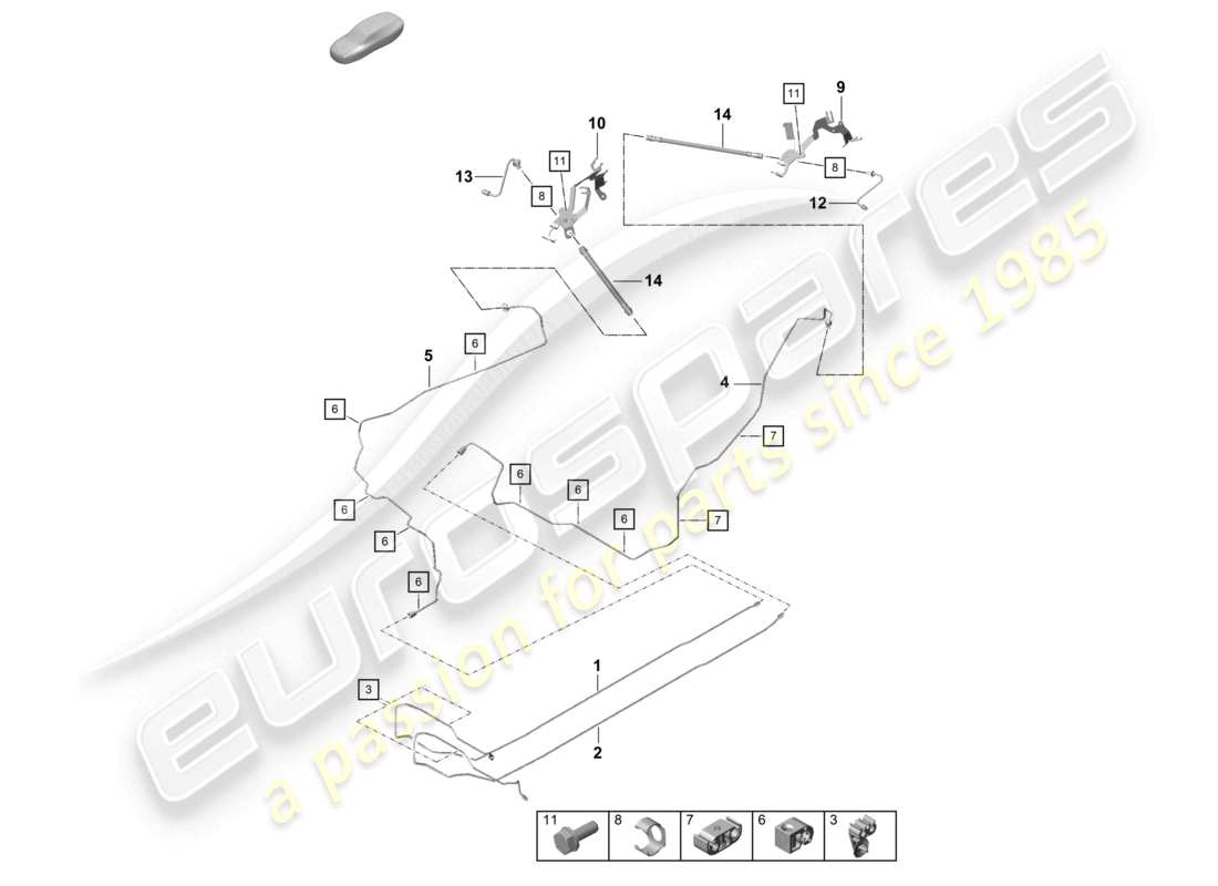 porsche 2021 (718 cayman gt4) diagrama de piezas de la parte trasera de la parte inferior de la carrocería del centro de la línea de freno