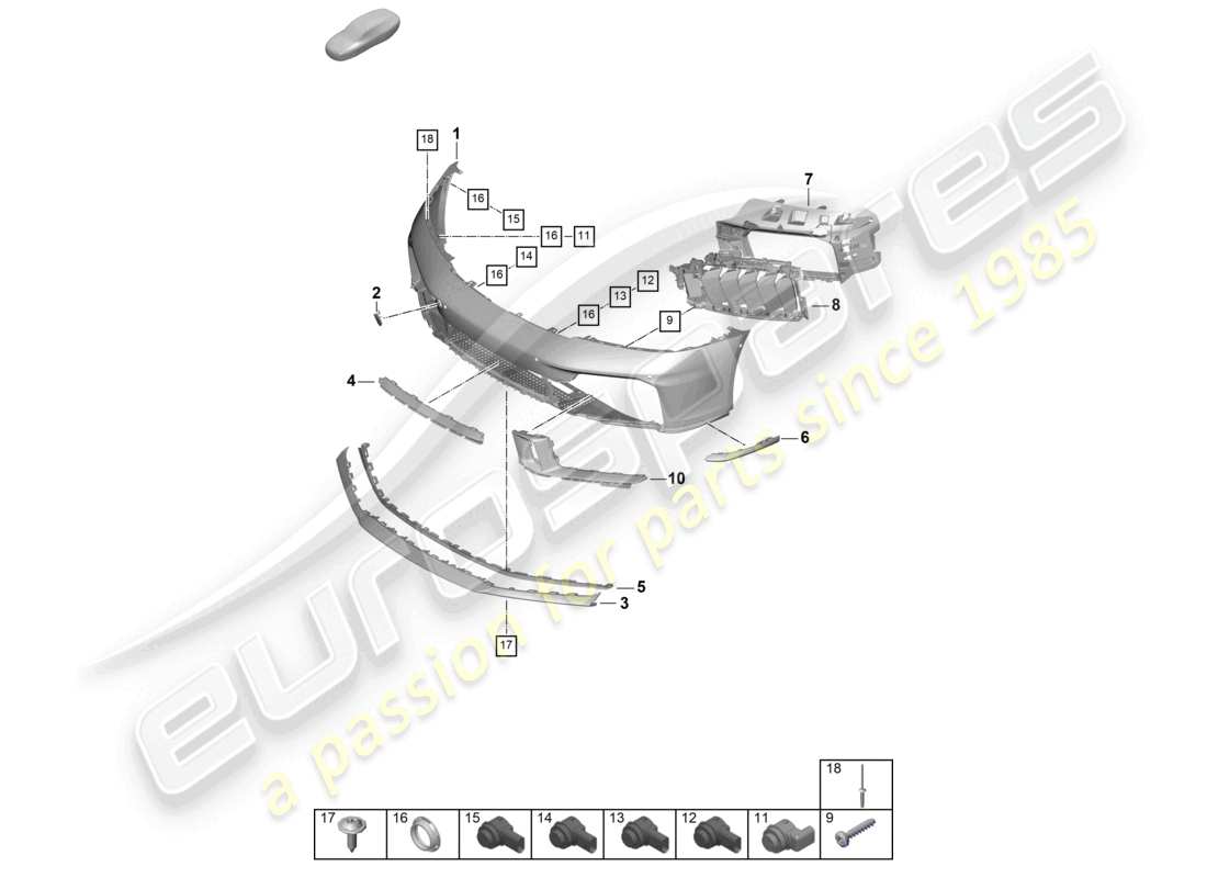 porsche 2024 (992-2) diagrama de piezas del paquete sport design del parachoques delantero