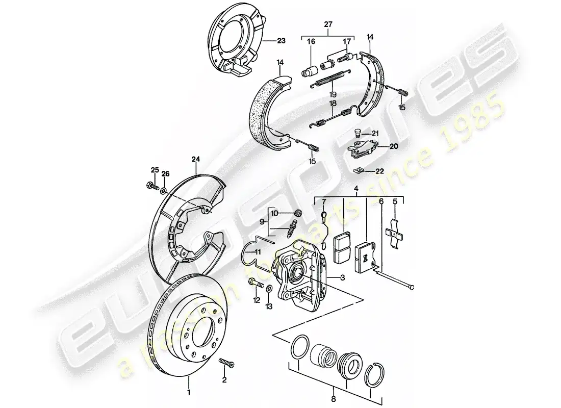 porsche 1976 (924) frenos de disco - eje trasero diagrama de piezas