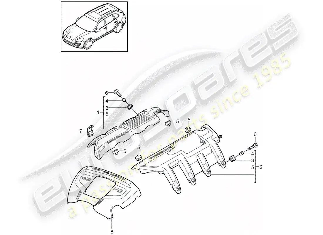 porsche 2013 (cayenne e2 92a) diagrama de piezas de la cubierta del motor