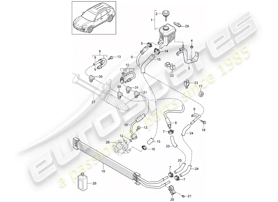 porsche 2013 (cayenne e2 92a) diagrama de piezas de la dirección asistida