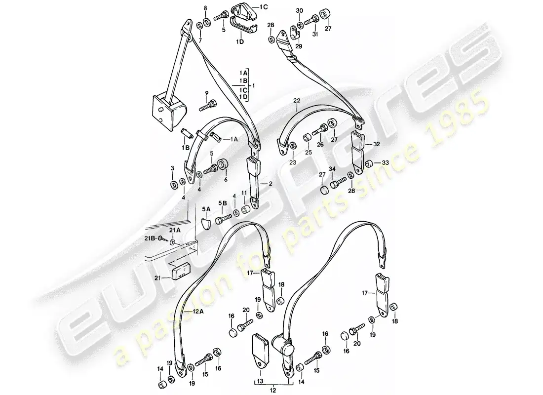 porsche 1985 (924) cinturón de seguridad diagrama de piezas