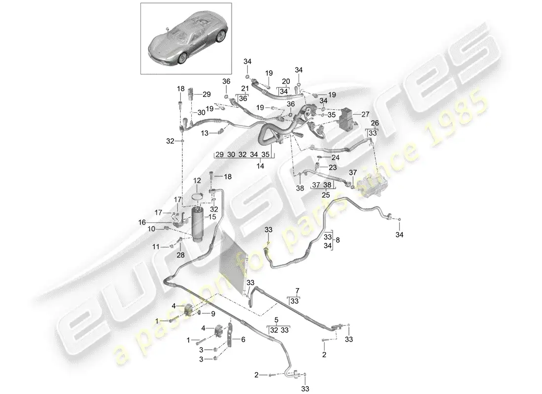 porsche 2015 (918 spyder) circuito refrigerante diagrama de piezas