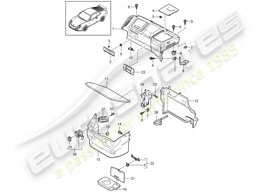 porsche 2008 (997-1 gt3) compartimiento de equipaje diagrama de piezas