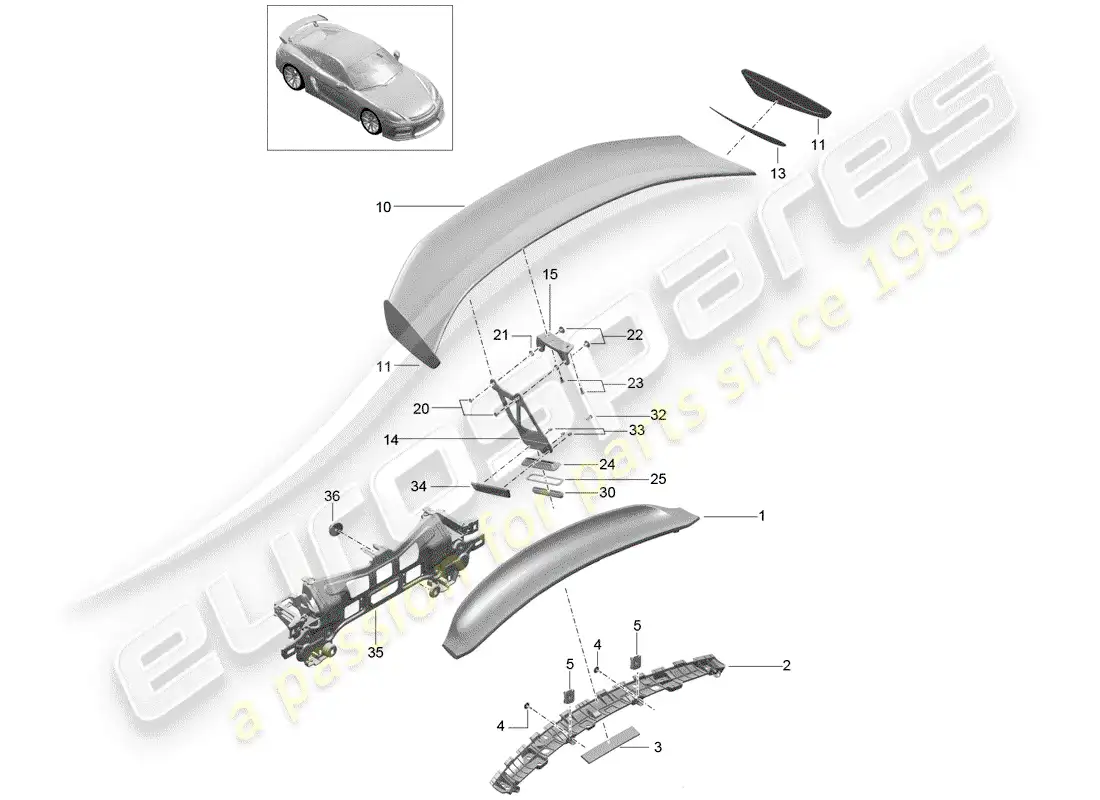 porsche 2016 (981 cayman gt4) diagrama de piezas del spoiler trasero