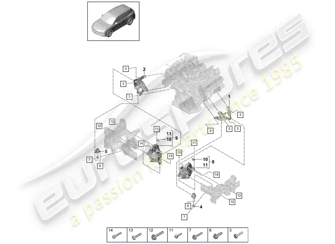 porsche 2018 (cayenne e3 9ya/9yb) dispositivo de elevación del motor diagrama de piezas