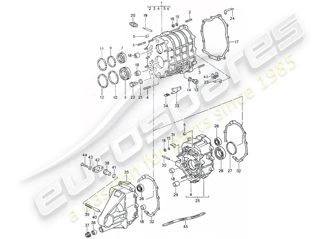 porsche 1990 (964) carcasa de engranajes - cubierta de la transmisión diagrama de piezas