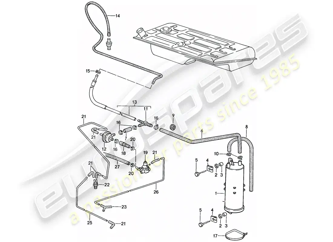 porsche 1987 (924s) bote de emisiones evaporativas - ventilación del tanque diagrama de piezas