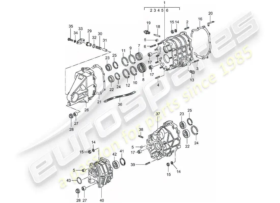 porsche 1995 (993) carcasa de engranajes - tapa de la transmisión diagrama de piezas