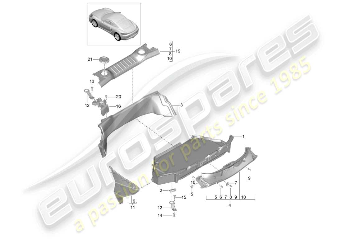 porsche 2026 (718 cayman) diagrama de piezas del revestimiento del maletero trasero