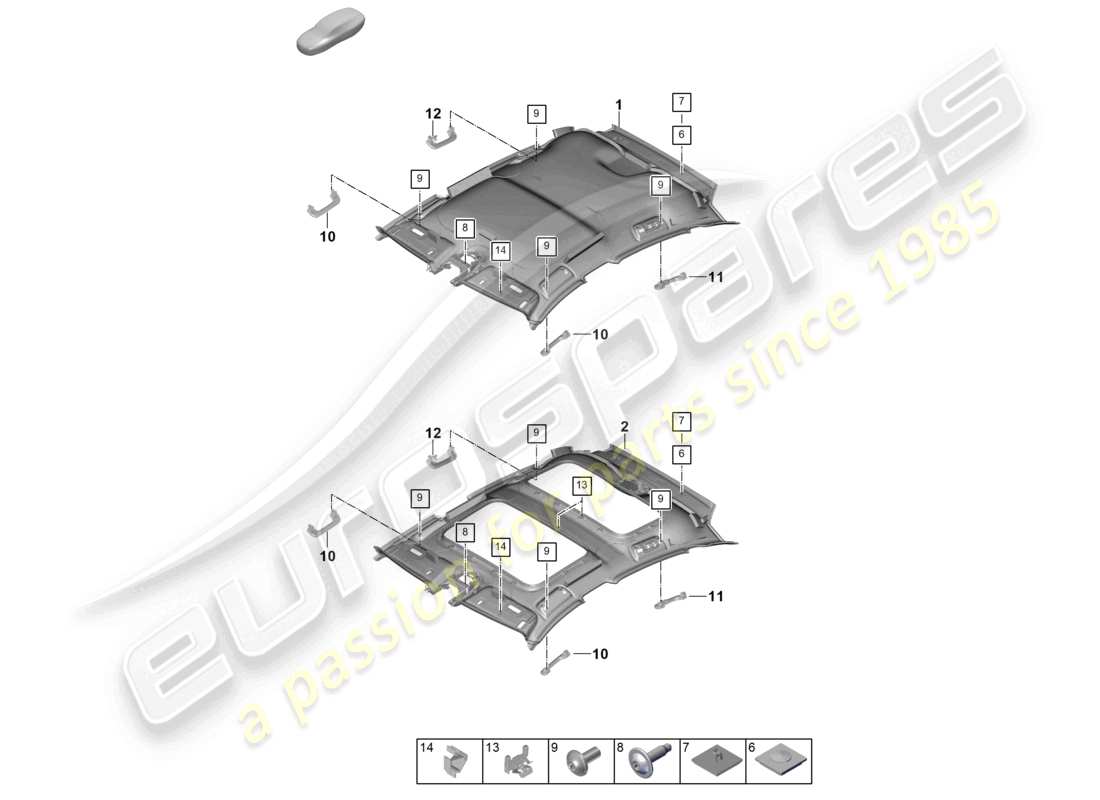 porsche 2025 (panamera 976) diagrama de piezas del revestimiento del techo