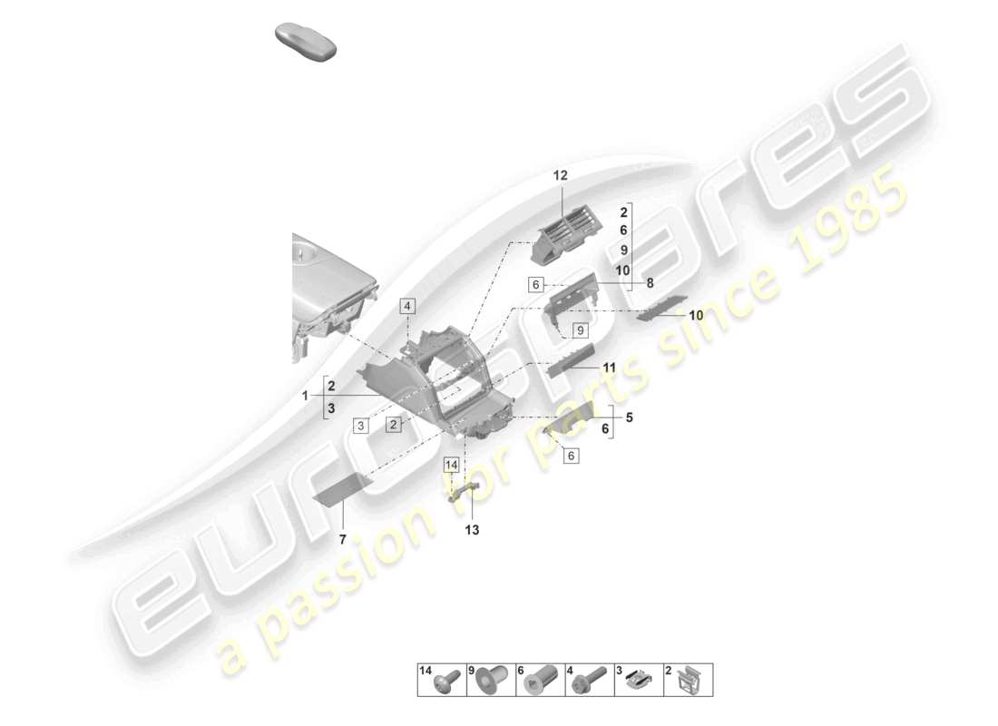 porsche 2022 (panamera 971-2) diagrama de piezas de la consola central trasera