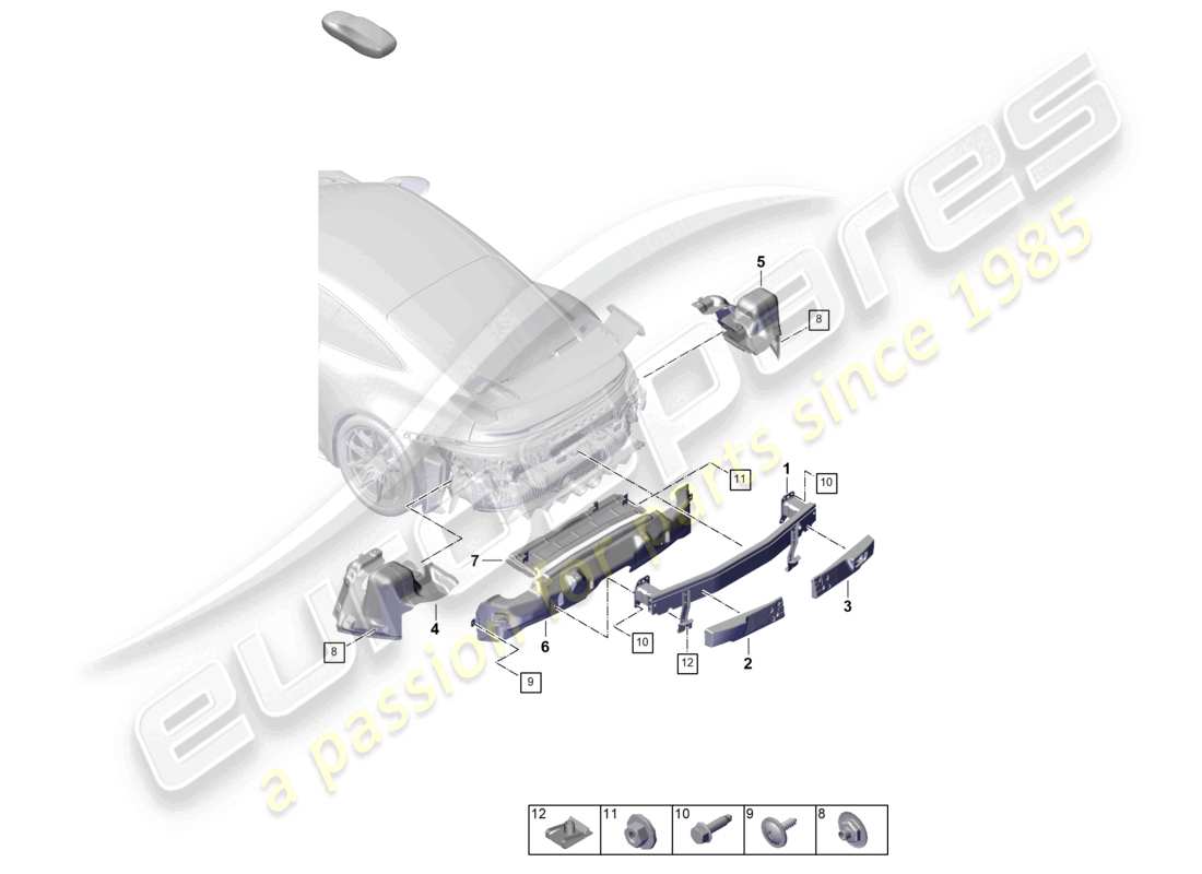 porsche 2026 (992-2 gt3) diagrama de piezas del soporte del parachoques trasero y del protector térmico